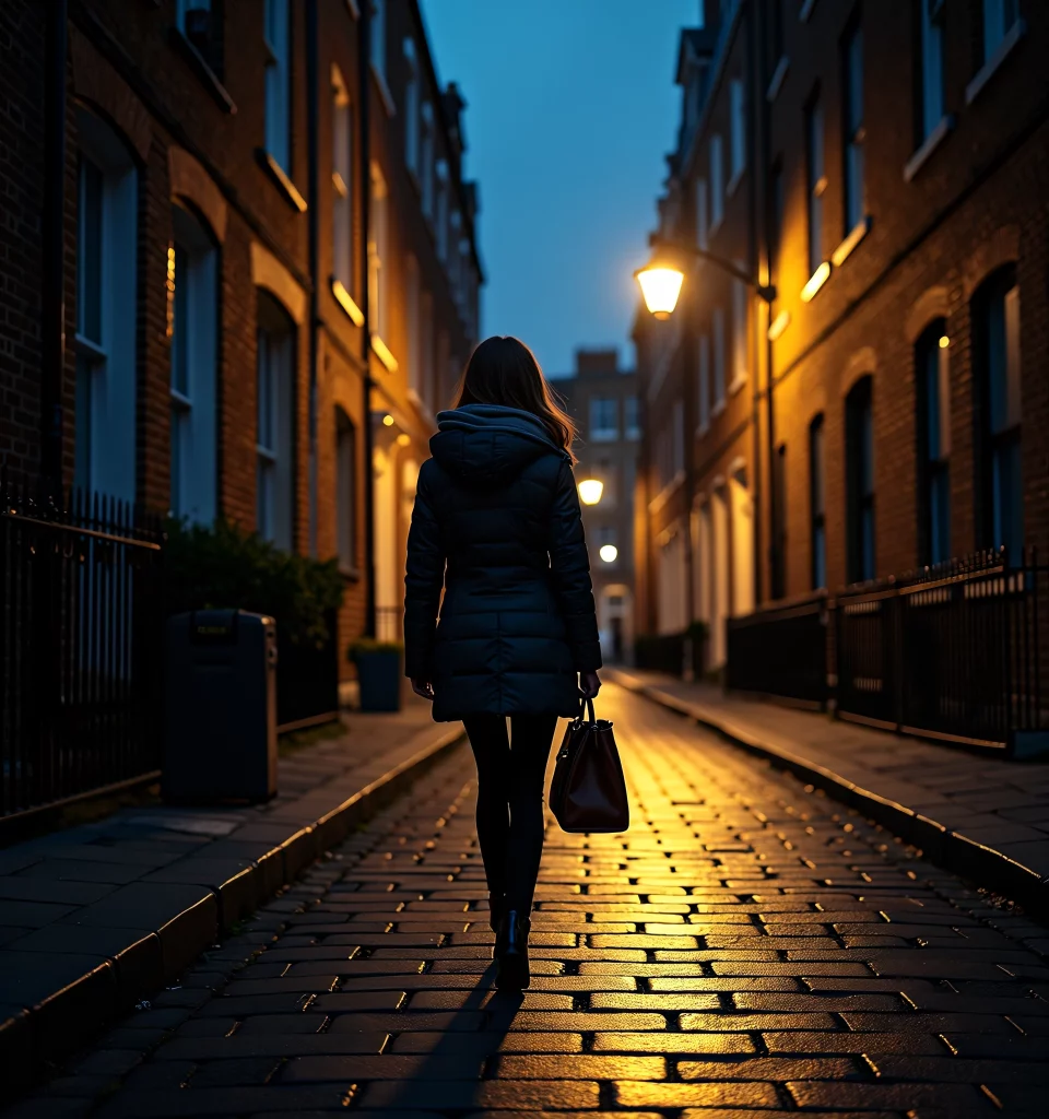 woman walking home alone at night